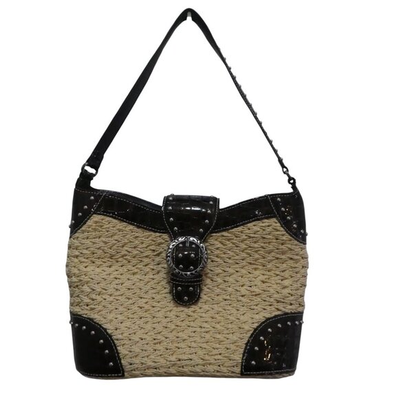Brighton Retired Woven Straw Rattan Leather Studded Tote Purse Handbag - Picture 1 of 10